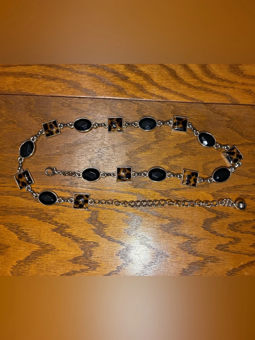 Y2K Vintage Leopard Print Black Stone Chain Belt Silver Adjustable One Size